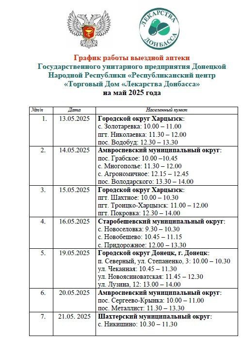 На апрель утвержден график выезда автоаптеки в населенные пункты городских округов Донецк, Макеевка, Мариуполь, Енакиево, Торез, Харцызск, а также в Амвросиевский, Волновахский, Старобешевский и Шахтерский муниципальные...