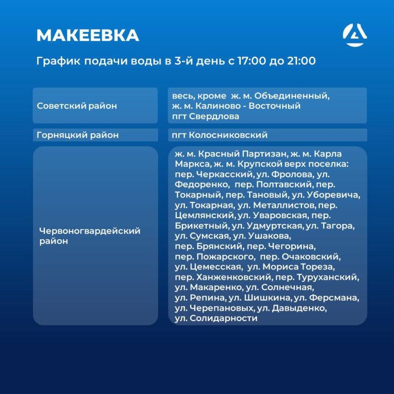 Предприятие «Вода Донбасса» информирует о графике подачи воды в Макеевке с 21.07.2025 Предприятие «Вода Донбасса» информирует о графике подачи воды в Макеевке с 21.07.2025