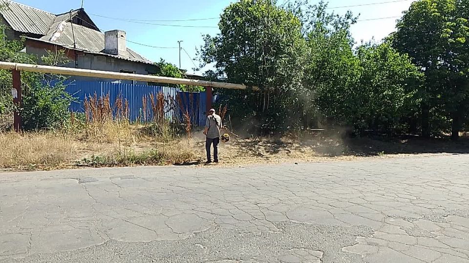 Сегодня, 1 августа, с целью приведения территории в надлежащее санитарное состояние в Кировском внутригородском районе города Макеевки продолжается покос травы вдоль дороги по ул. Папанина