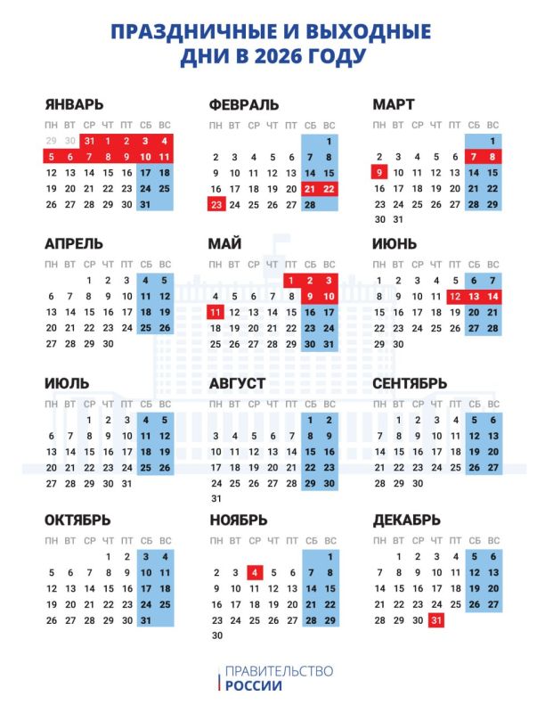 Александр Подгорный: На заметку. Календарь праздничных и выходных дней в 2026 году утвердили в Правительстве РФ В следующем году будут следующие дни отдыха:
